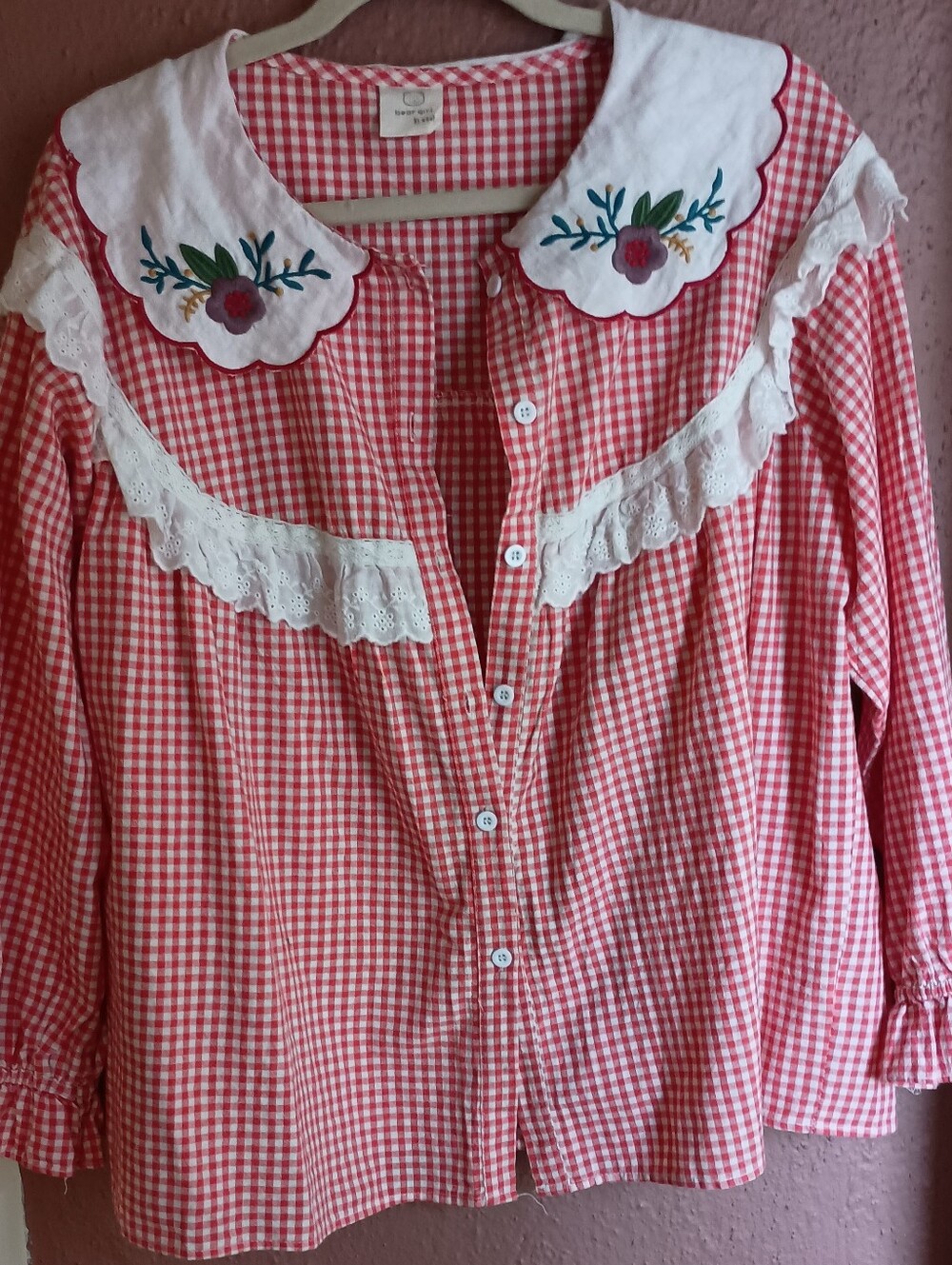 Women's Red Gingham Button-Up Top with Embroidered Collar